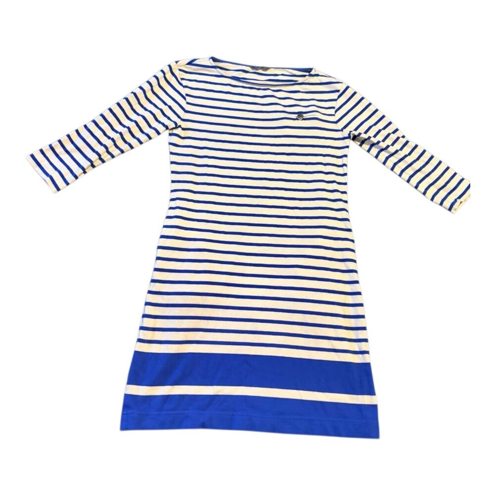 L L Bean Signature Dress 6 S Blue White Stripe Boatneck 3/4 Sleeve Knit Nautical